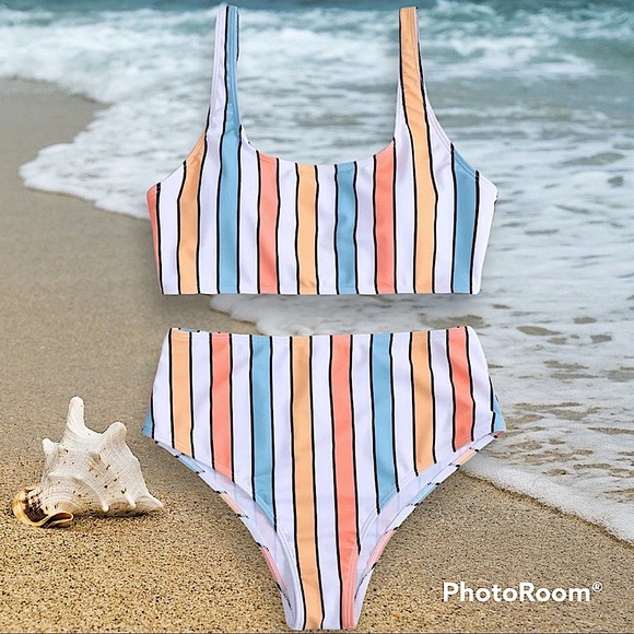 🐚 SHEIN BAKINI SWIMSUIT, Colorblock Stripes, Scoop Neck, High-Waist, Lined, SM - Picture 1 of 16